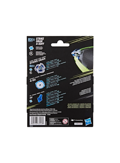 My Store Strike Dran 4-50FF Beyblade X starter pack packaging back view showing stats, components, and product details.