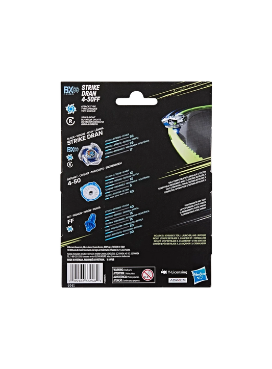 My Store Strike Dran 4-50FF Beyblade X starter pack packaging back view showing stats, components, and product details.