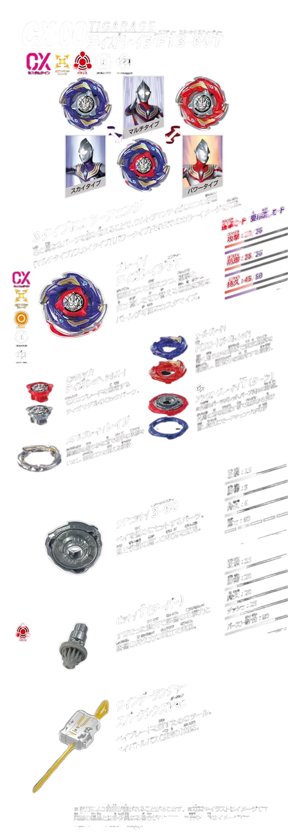 My Store CX-00 Tiga Rage FT3-60T Beyblade X starter set with Tiga lock chip, Rage blade, 3-60 ratchet, and Taper bit.