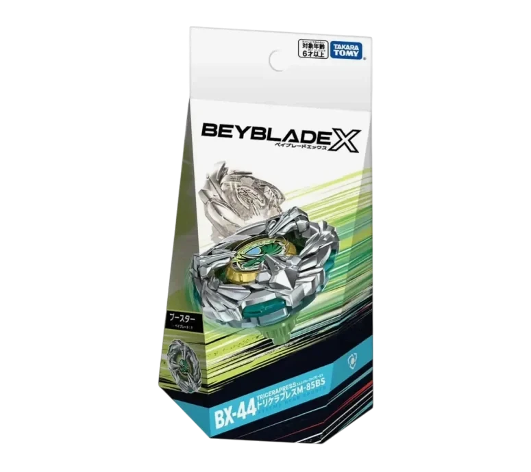 My Store BX-44 Tricera Press M-85BS Booster Beyblade X right-spin defense top in retail packaging