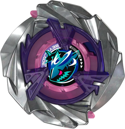 My Store UX-15 Shark Scale Beyblade X top view featuring a metallic silver blade with purple and pink accents