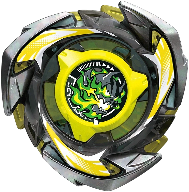 My Store UX-15 Shark Scale Beyblade X top view featuring a yellow and black design with a green skull graphic