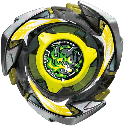 My Store UX-15 Shark Scale Beyblade X top view featuring a yellow and black design with a green skull graphic