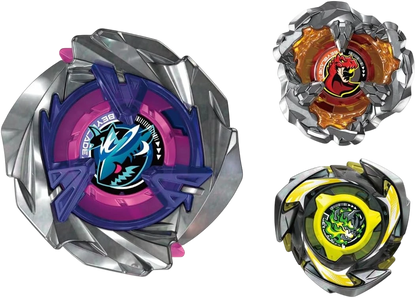 My Store UX-15 Shark Scale Deck Set featuring three high-performance Takara Tomy Beyblade X spinning tops.