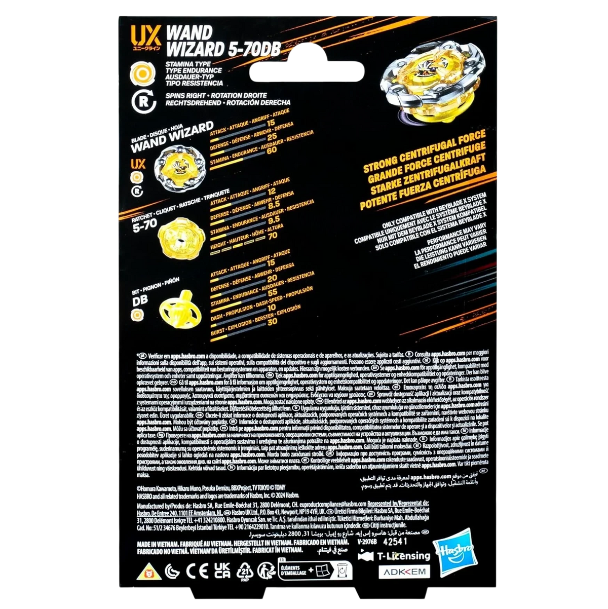 My Store Wand Wizard 5-70DB Beyblade X stamina type packaging back view showing technical stats and component details