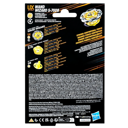 My Store Wand Wizard 5-70DB Beyblade X stamina type packaging back view showing technical stats and component details