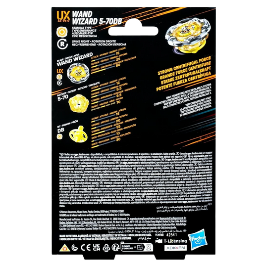 My Store Wand Wizard 5-70DB Beyblade X stamina type packaging back view showing technical stats and component details
