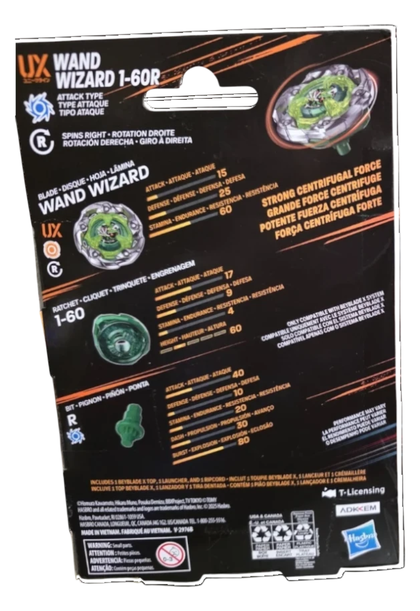 My Store Beyblade X Wand Wizard 1-60R packaging back showing stats and components for the stamina-focused top.