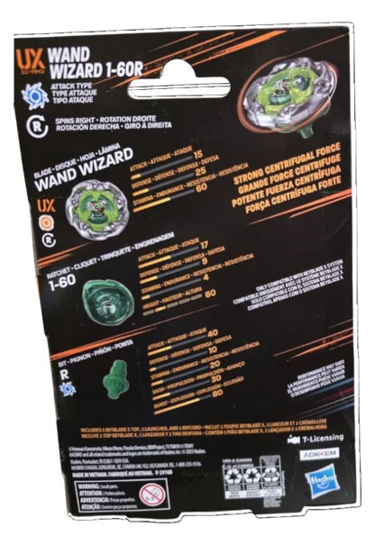 My Store Beyblade X Wand Wizard 1-60R packaging back showing stats and components for the stamina-focused top.