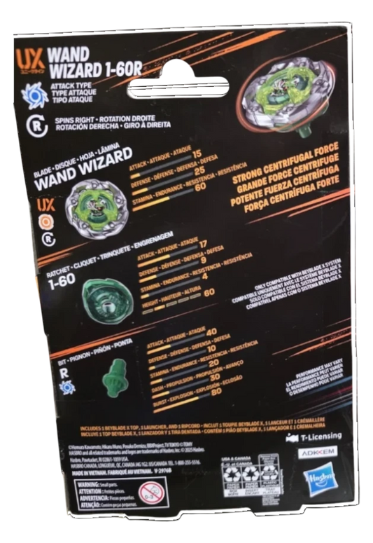 My Store Beyblade X Wand Wizard 1-60R packaging back showing stats and components for the stamina-focused top.
