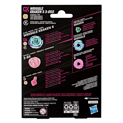 My Store Wriggle Kraken S 3-85O Beyblade X starter pack packaging back view showing component specs and assembly