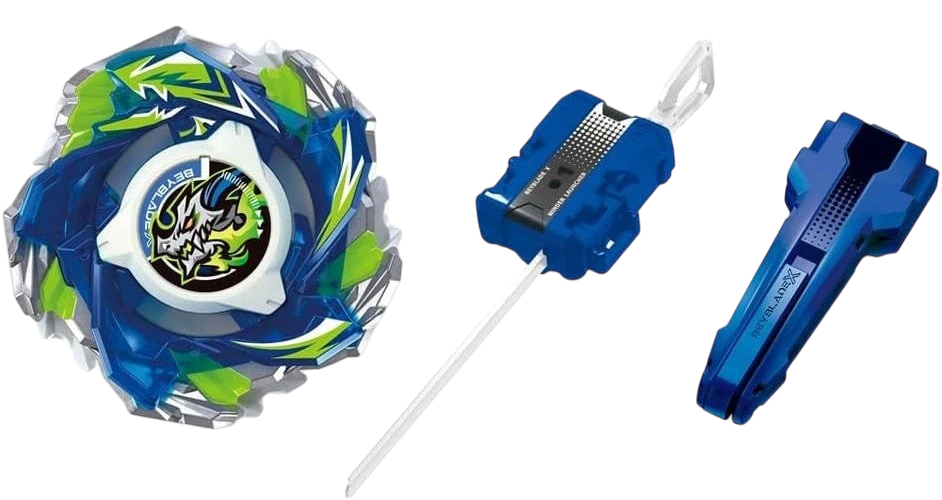 My Store CX-16 BahamutBlitz BK1-50I Beyblade X full set with blue and green accents, including launcher and grip.