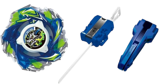 My Store CX-16 BahamutBlitz BK1-50I Beyblade X full set with blue and green accents, including launcher and grip.