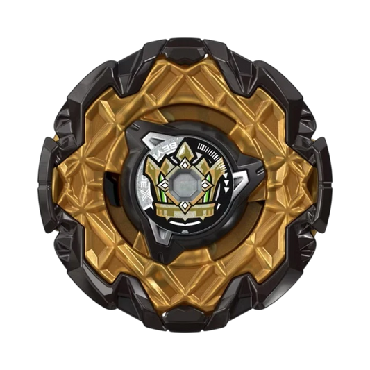 My Store Might Emperor Beyblade X main blade and lock chip featuring a gold anodized design with black accents.