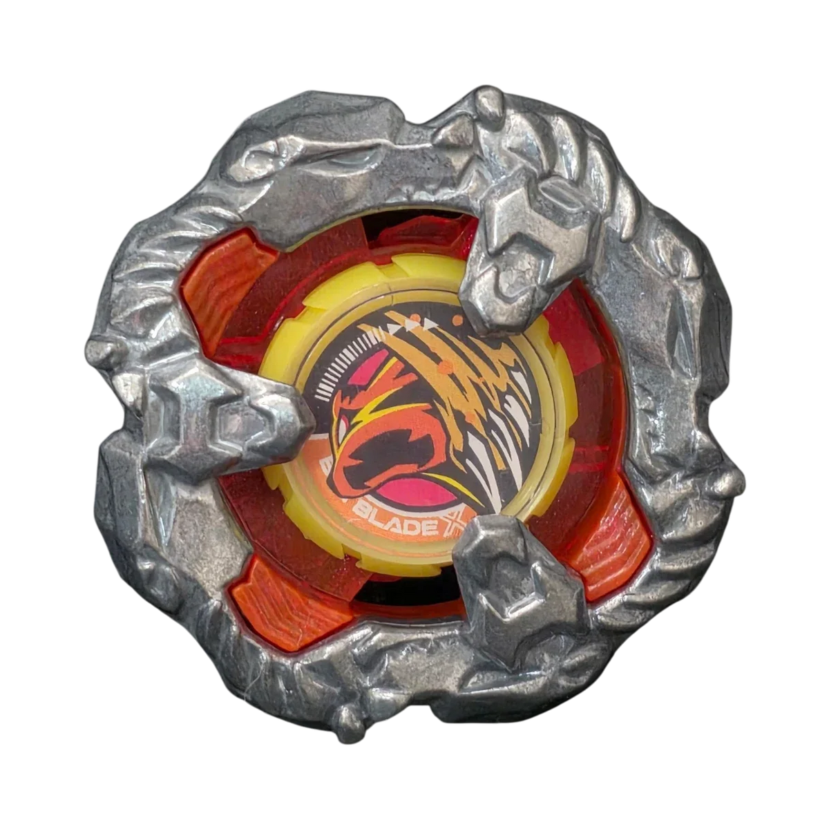 My Store Savage Bear Beyblade X defense blade featuring a round four-sided die-cast metal ring and red center detail.